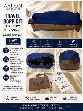 NWT Aaron Leather Goods Travel Dopp Kit Toiletry Organizer